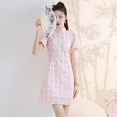 斜襟花色气质日常国风裙小个子 旗袍连衣裙女夏季 新中式 文艺风短袖