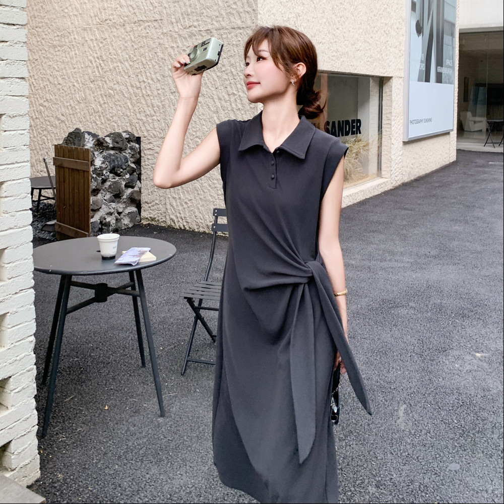 夏季韩系无袖灰色弹力针织连衣裙