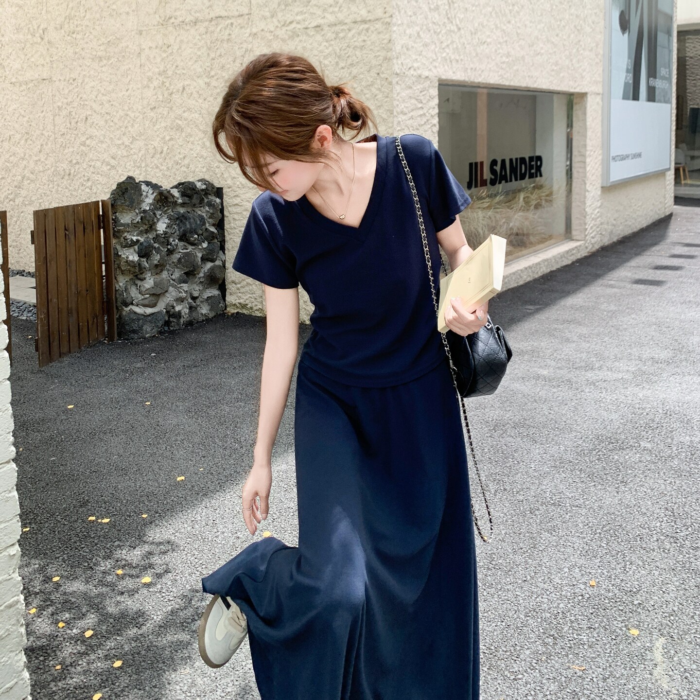 纯色休闲风V领短袖上衣半身裙长裙两件套女夏季显瘦韩系减龄套装