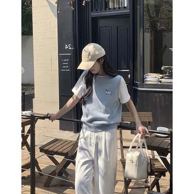 无袖圆领小狗针织背心马甲毛衣女