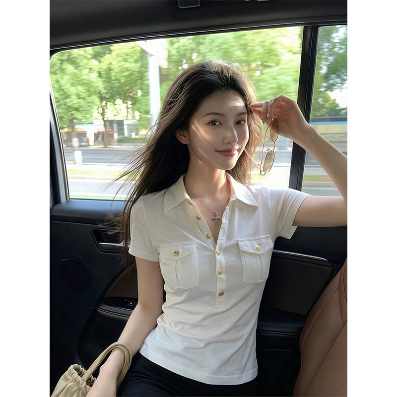 韩版少女感洋气修身显瘦百搭短袖polo领别致口袋白色T恤上衣女夏