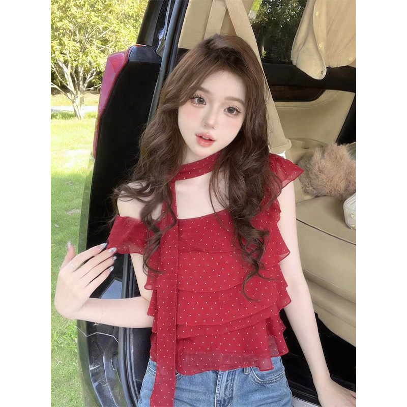 韩版少女感洋气甜美减龄百搭短袖挂脖绑带荷叶边波点衬衫上衣女夏
