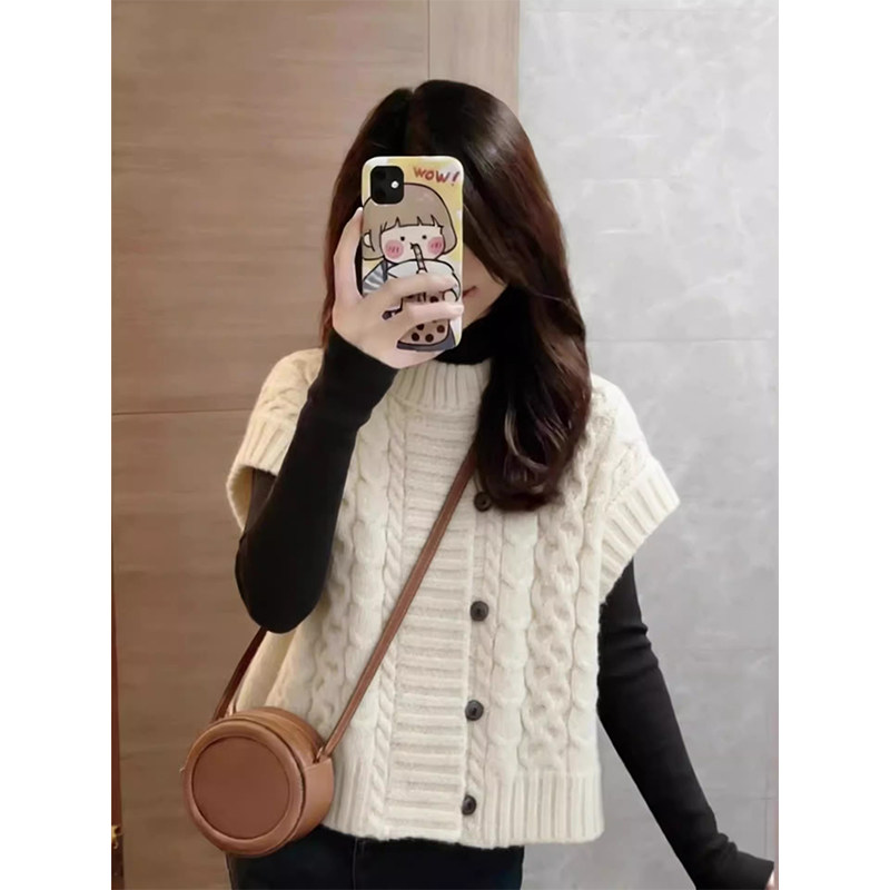 韩版松弛感洋气简约宽松百搭圆领麻花针织马甲气质叠穿背心毛衣女