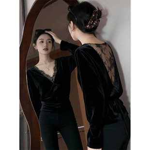 法式高级感洋气气质显瘦百搭长袖V领蕾丝拼接黑色丝绒衬衫上衣女