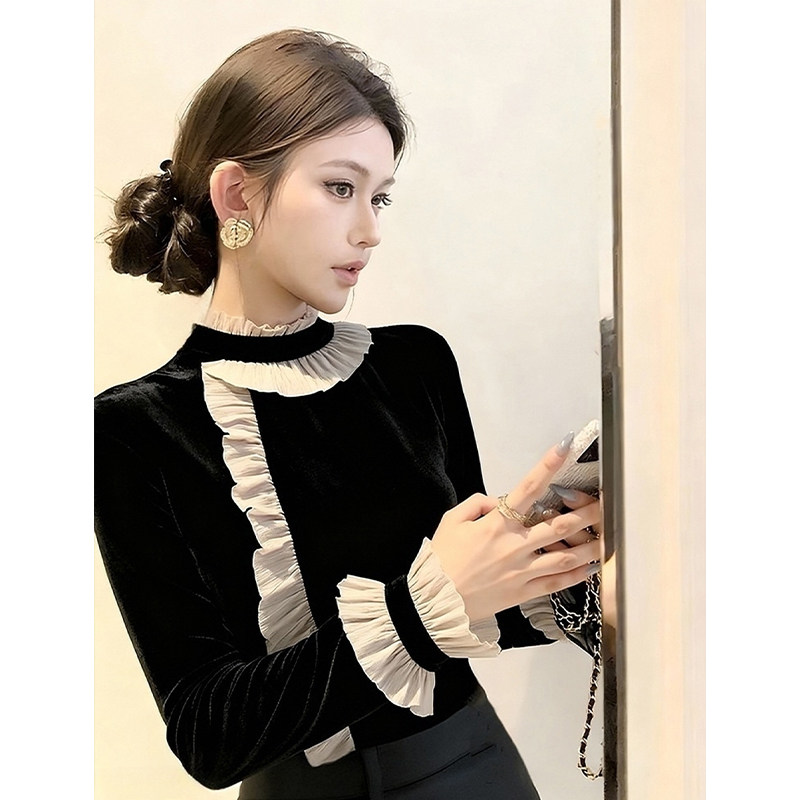 半高领荷叶边千金贵气丝绒衬衫女