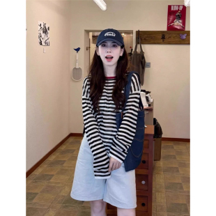 韩版 冰丝条纹针织上衣女 高级感洋气简约宽松百搭长袖 圆领防晒罩衫