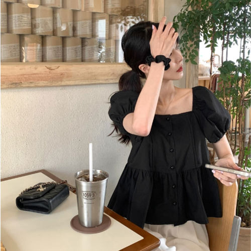 方领泡泡袖短款娃娃衫衬衫上衣女