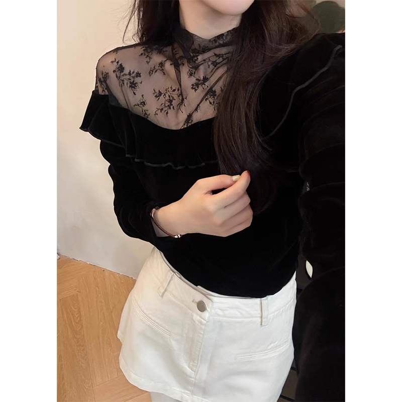 半高领蕾丝拼接荷叶边丝绒衬衫女