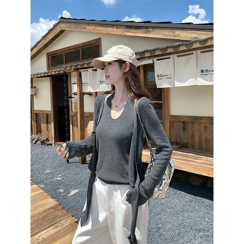 挂脖V领拼接假两件绑带针织衫女