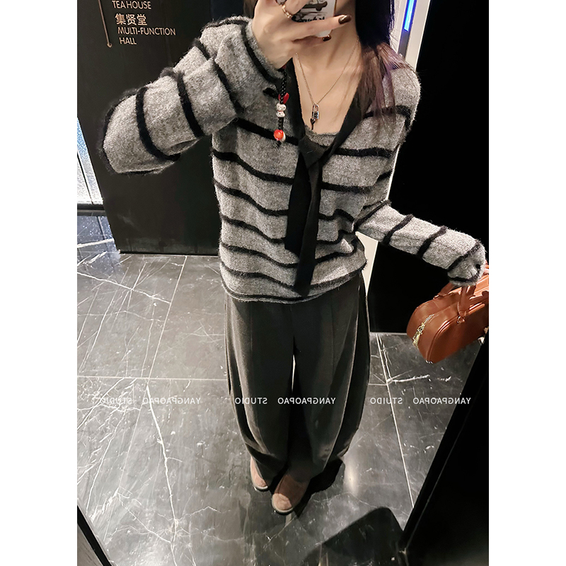 长袖V领绑带撞色条纹针织衫毛衣