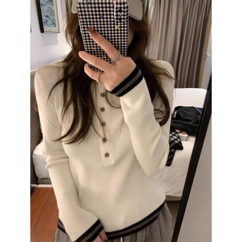 百搭长袖V领撞色打底衫针织衫女