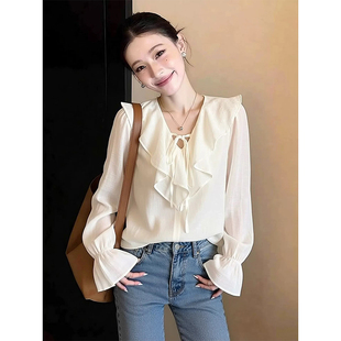 温柔风松弛感洋气简约休闲宽松百搭长袖V领荷叶边绑带衬衫上衣女