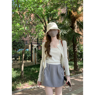 温柔风高级感洋气长袖圆领短款针织开衫内搭吊带背心两件套上衣女