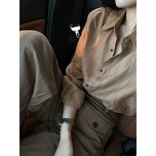 百搭长袖polo领别致条纹衬衫上衣