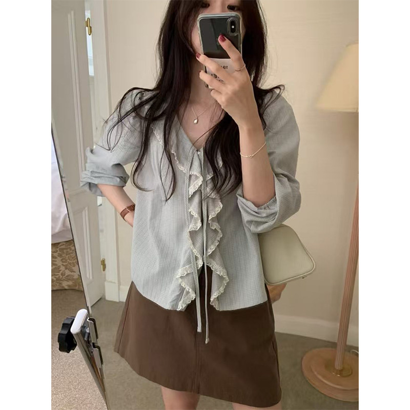 韩版松弛感洋气简约宽松百搭长袖V领别致荷叶边绑带衬衫上衣女潮