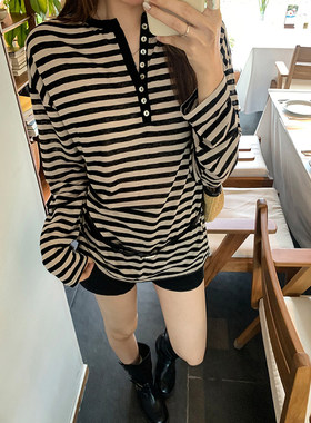 长袖V领薄款防晒罩衫条纹T恤上衣