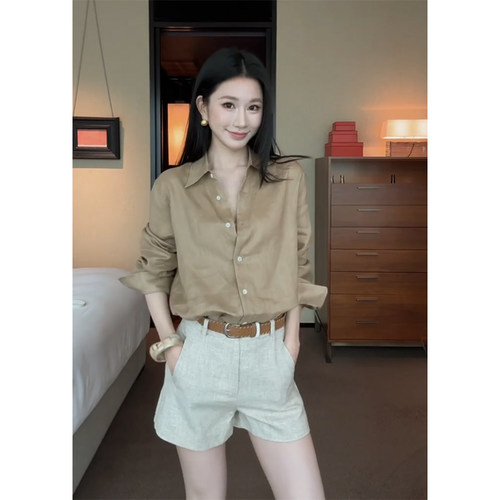长袖polo领卡其色防晒衬衫上衣女