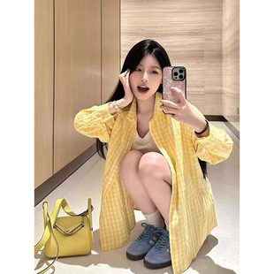 黄色慵懒风长袖格子衬衫显瘦宽松港味复古chic上衣春秋新款防晒衫