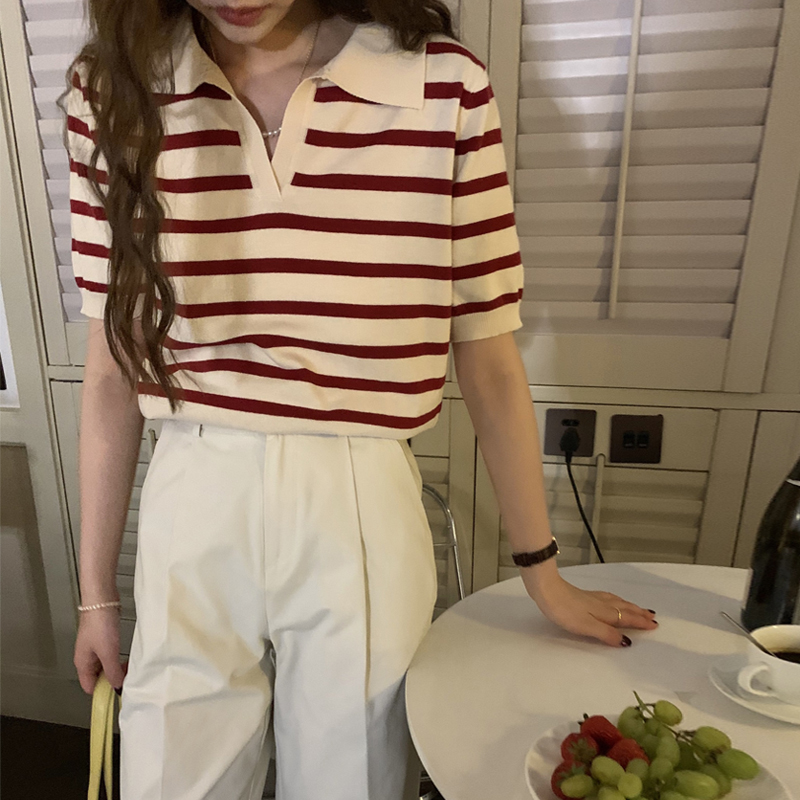 洋气百搭短袖V领条纹针织T恤上衣
