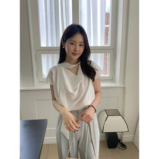 法式 上衣女 高级感洋气气质宽松简约百搭短袖 荡领挂脖别致独特衬衫