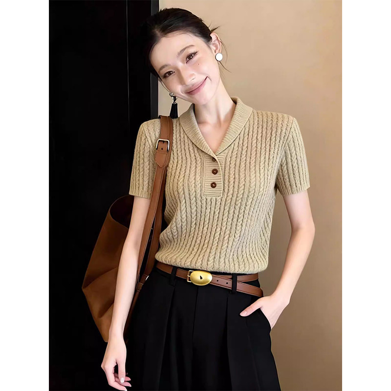 法式高级感洋气气质纯色显瘦短袖翻领套头麻花针织衫T恤上衣女夏