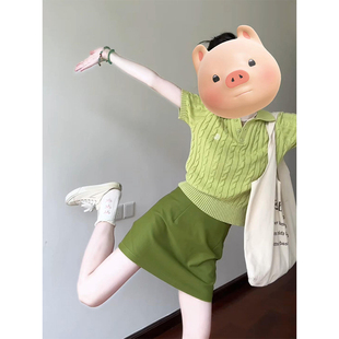 高级感洋气简约减龄短袖 T恤上衣女 polo领短款 麻花刺绣绿色针织衫