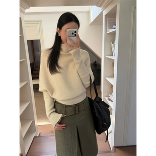 韩版松弛感洋气简约软糯套头纯色百搭长袖高领蝙蝠袖针织衫毛衣女