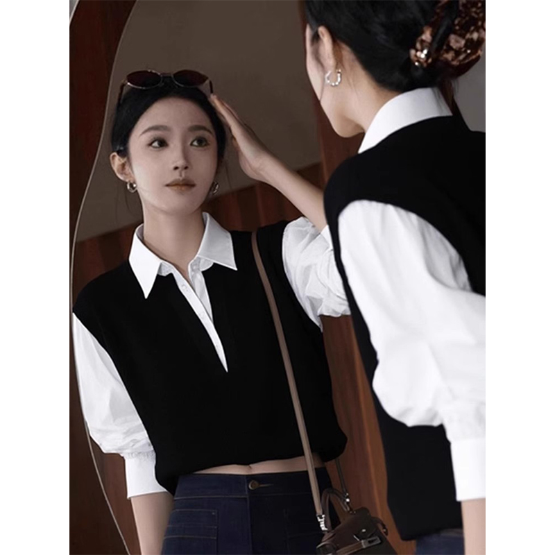 长袖polo领撞色拼接假两件针织衫