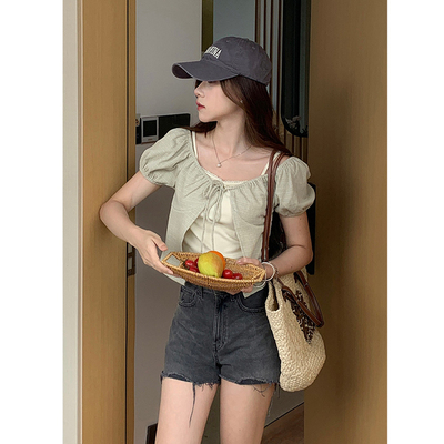 短袖方领别致短款拼接假两件T恤