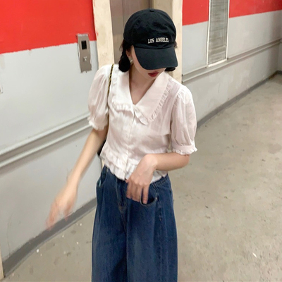 娃娃领泡泡袖短款木耳边衬衫上衣