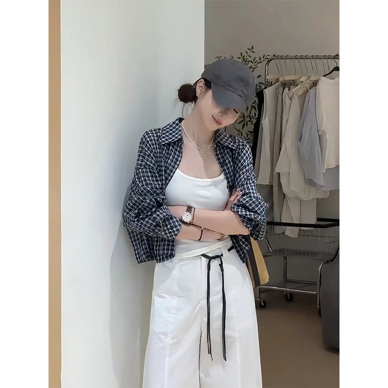 长袖翻领短款撞色格子衬衫上衣女