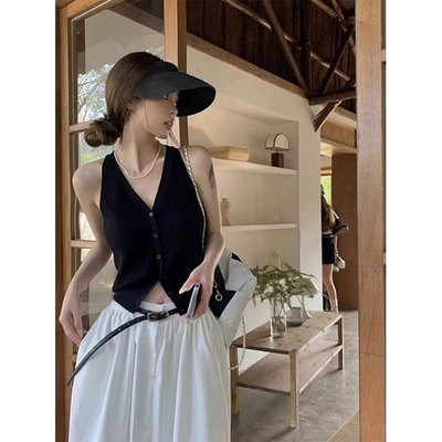 无袖V领短款黑色针织背心上衣女