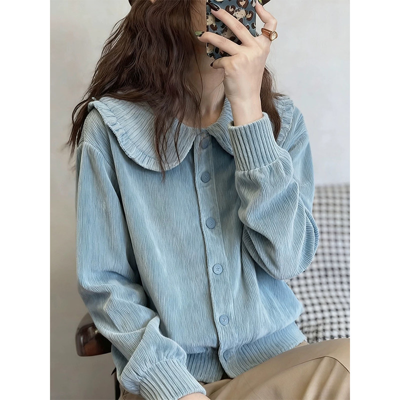 独特超好看蓝色灯芯绒翻领衬衫上衣女高级感轻奢减龄洋气秋冬新款