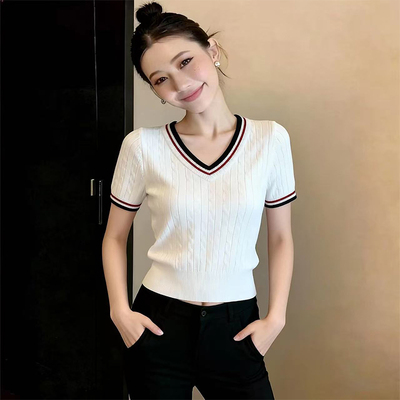 短袖撞色V领短款软糯针织衫T恤V2
