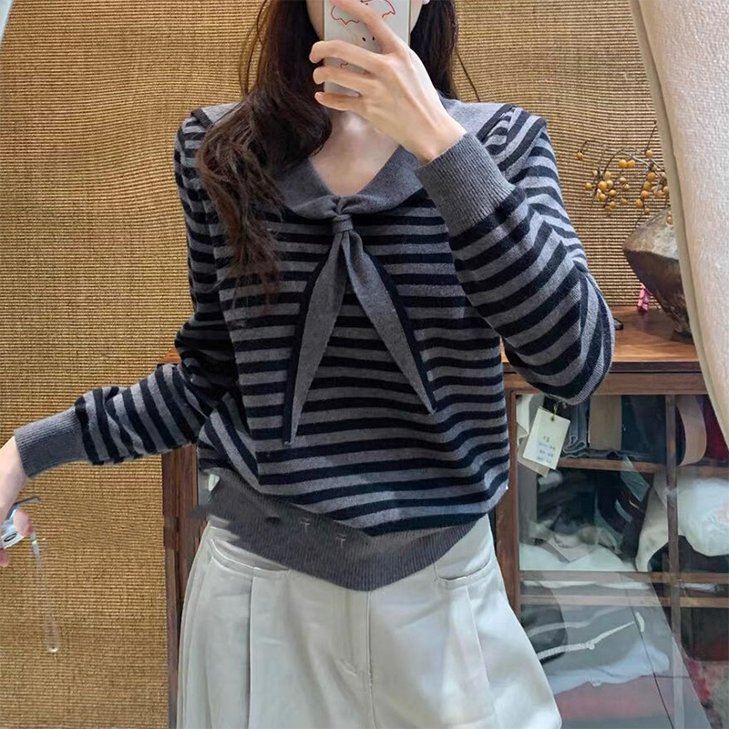 长袖撞色海军领软糯针织衫上衣女