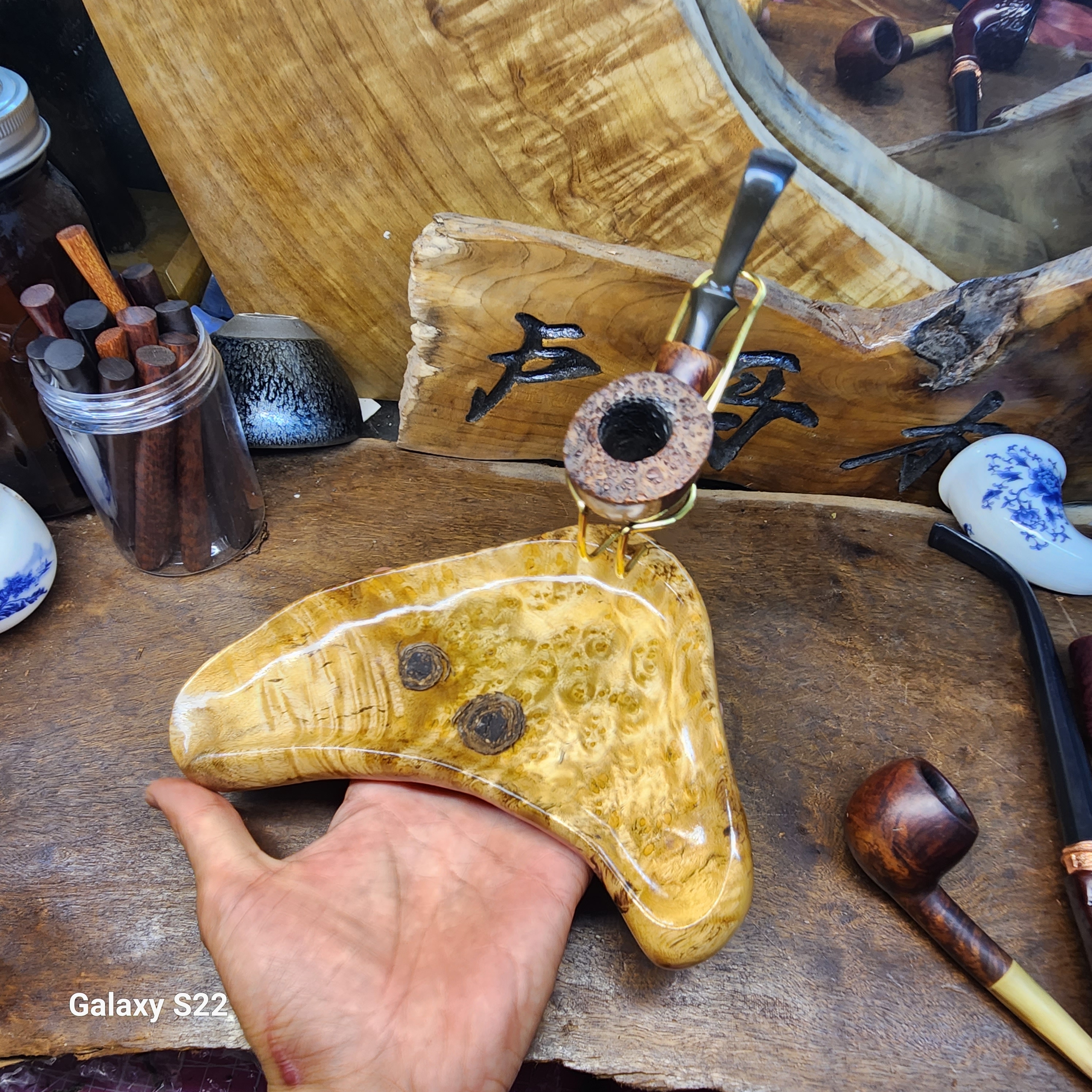 手作高档便携黄金樟树瘤醒草盘烟斗架葡萄瘤实木烟斗操作盘跑湿盘