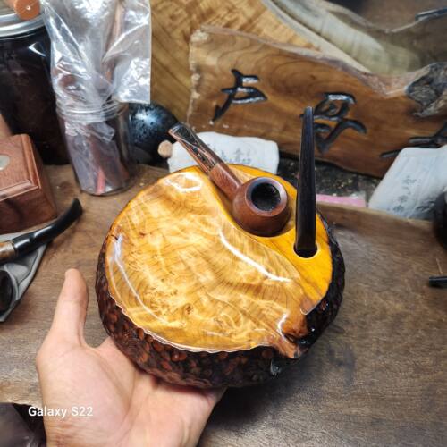 手工高档闪电纹香杉瘤疤醒草盘带烟斗架实木一体烟斗操作盘跑湿盘