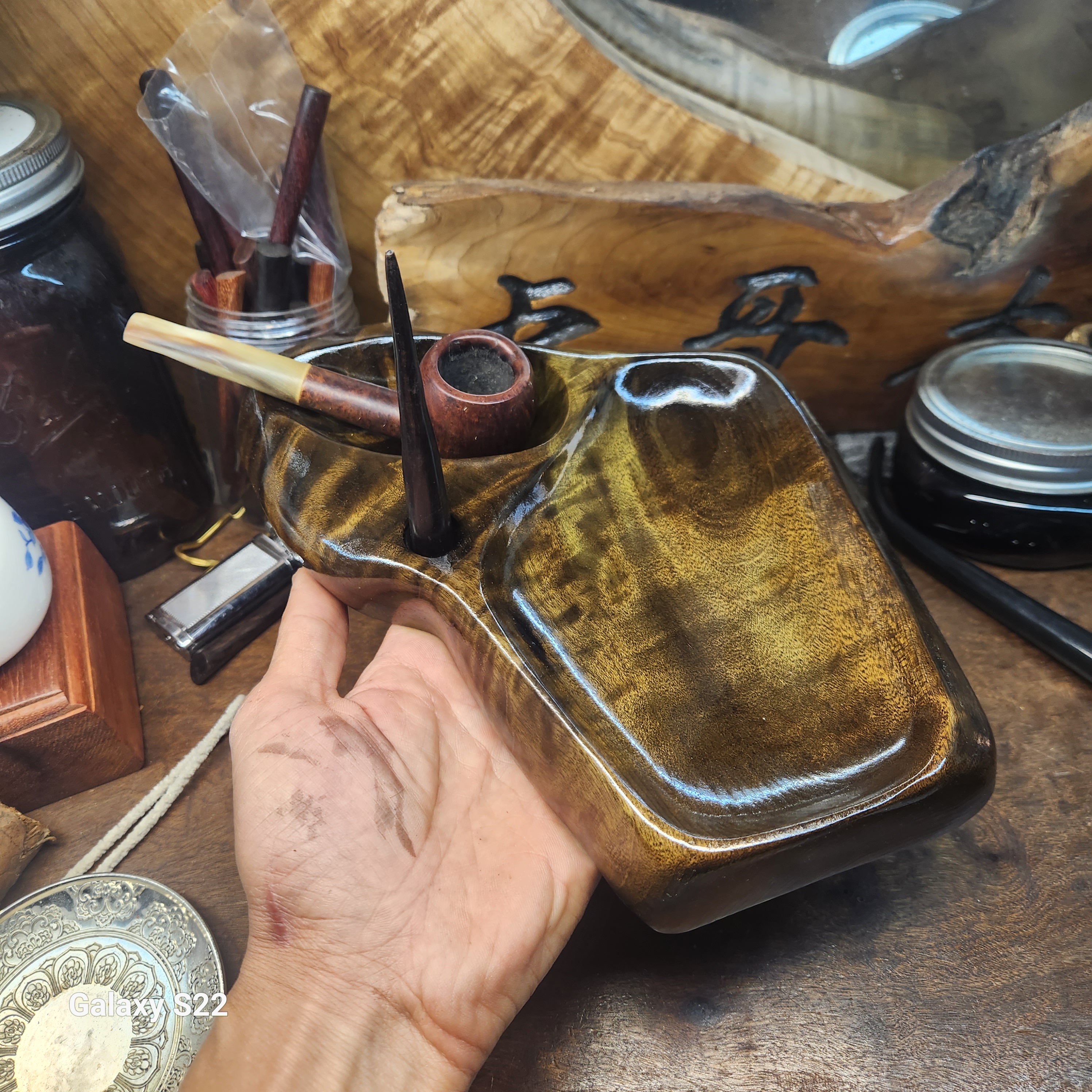 高档手工随形金丝楠木乌木瘤花醒草盘带烟斗架实木烟斗操作跑湿盘