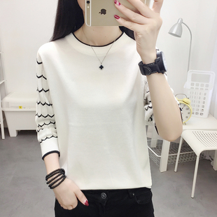 冰丝条纹七分袖打底针织衫女2025秋季新款宽松圆领外穿上衣T恤衫