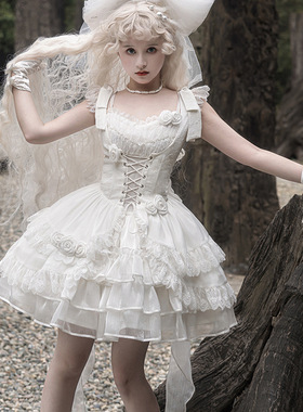 原创【莉塔】哥特Lolita小飞袖op纯白玫瑰花收腰鱼骨显瘦狗短lo裙