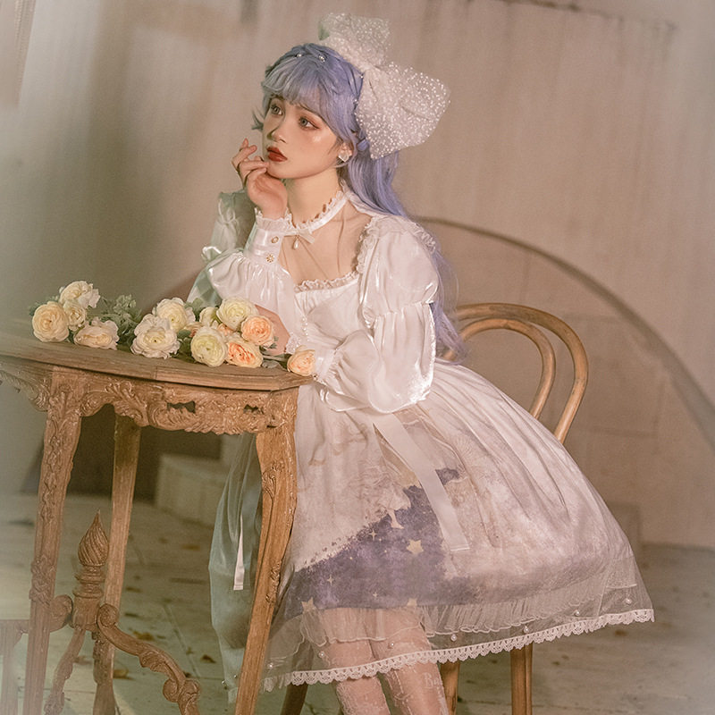 原创【摘星星】cla系lolita 长袖op 梦幻白色星辰柄图
