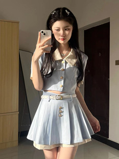 大码胖MM学院风套装短款翻领上衣女夏季显瘦百褶半身裙裤裙两件套