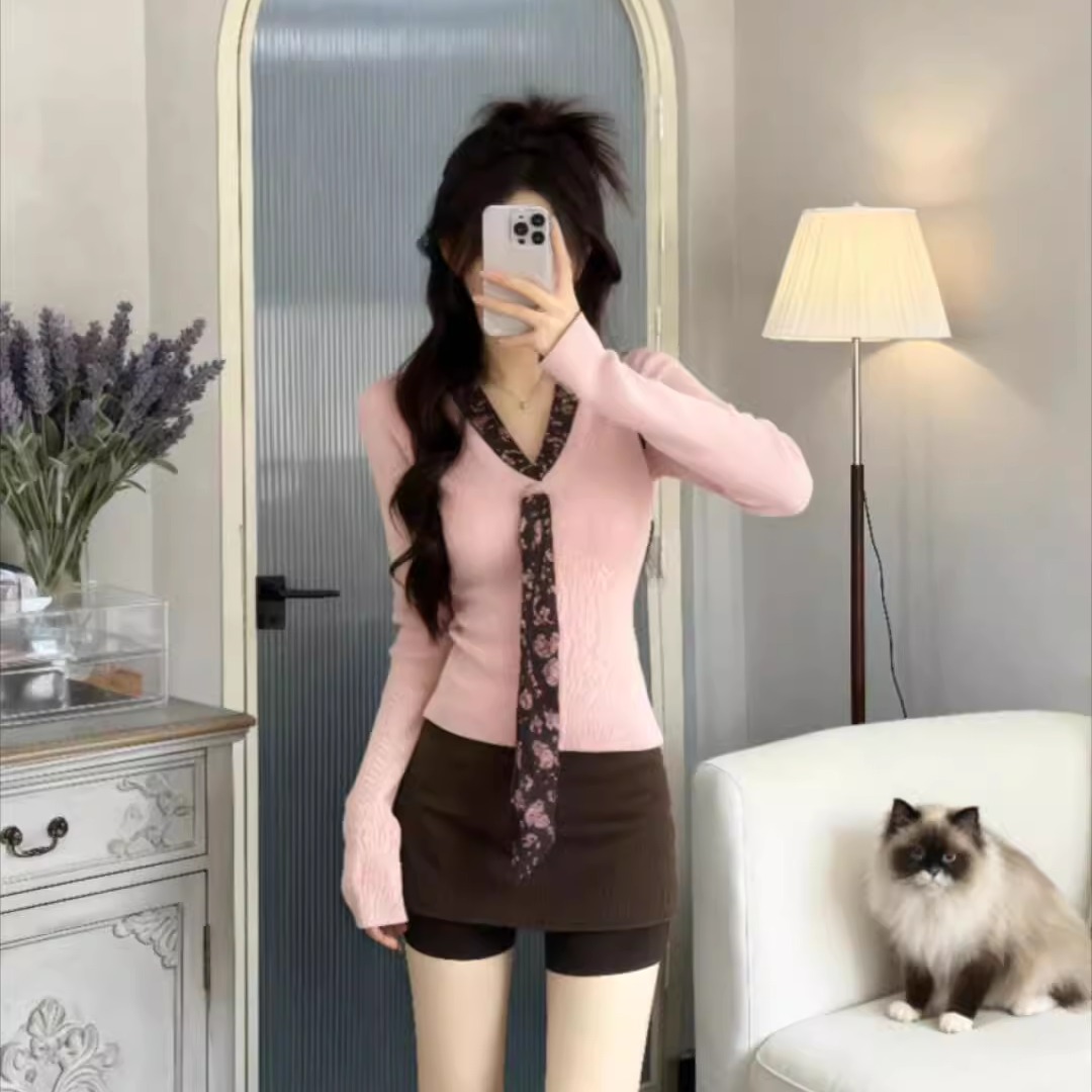 纯欲风粉色v领长袖针织衫毛衣女