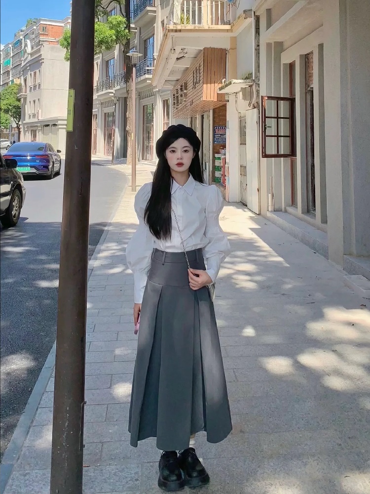学院风套装女泡泡袖衬衫两件套