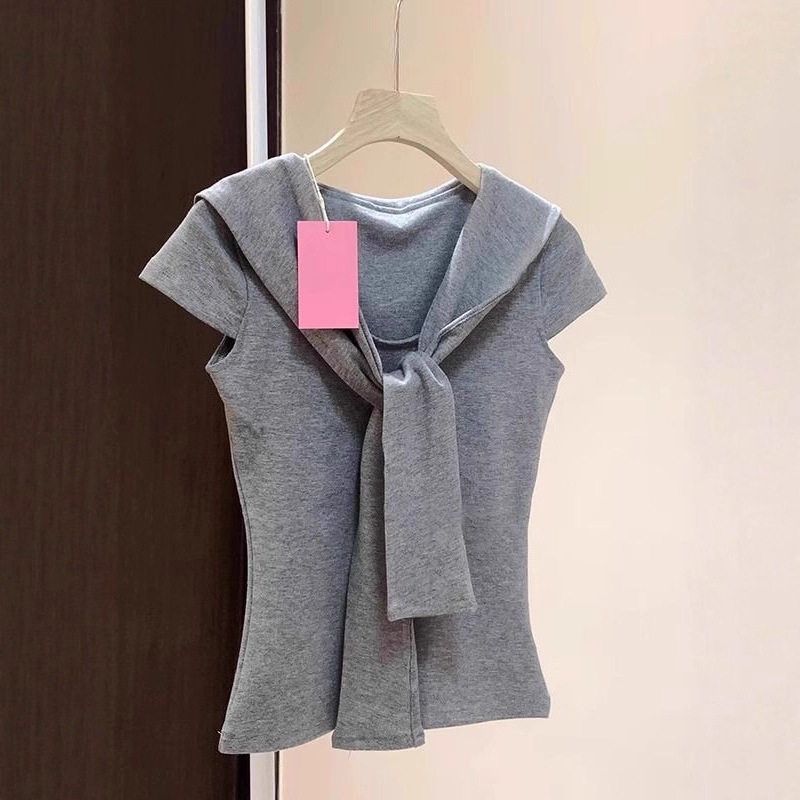 海军领绑带假两件短袖T恤女夏季新款修身显瘦灰色正肩上衣女批发