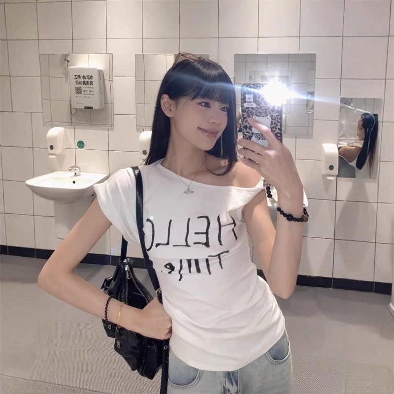 白色斜肩扭结短袖T恤女夏季韩系宽松字母印花设计感上衣女潮批发