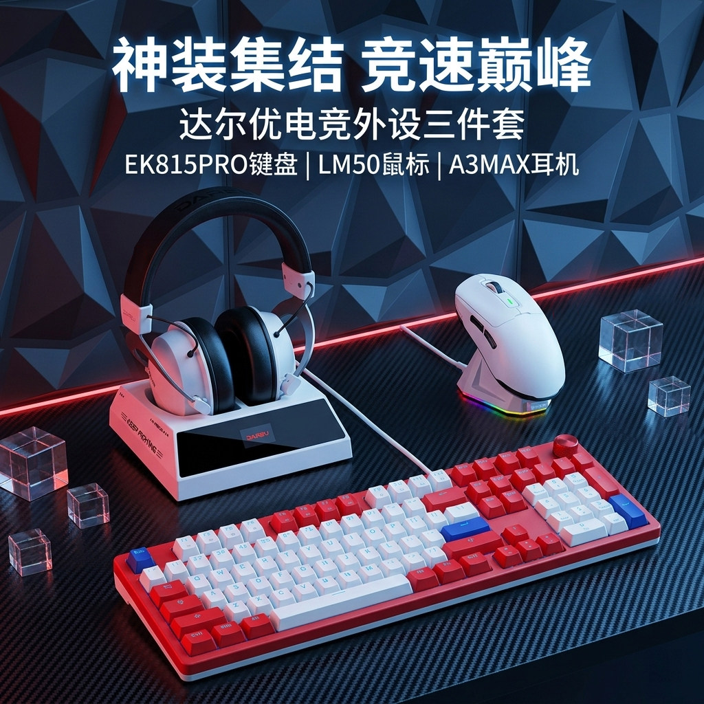 达尔优EK815PRO有线键盘无线鼠标耳机三件套装电竞机械键盘游戏黑
