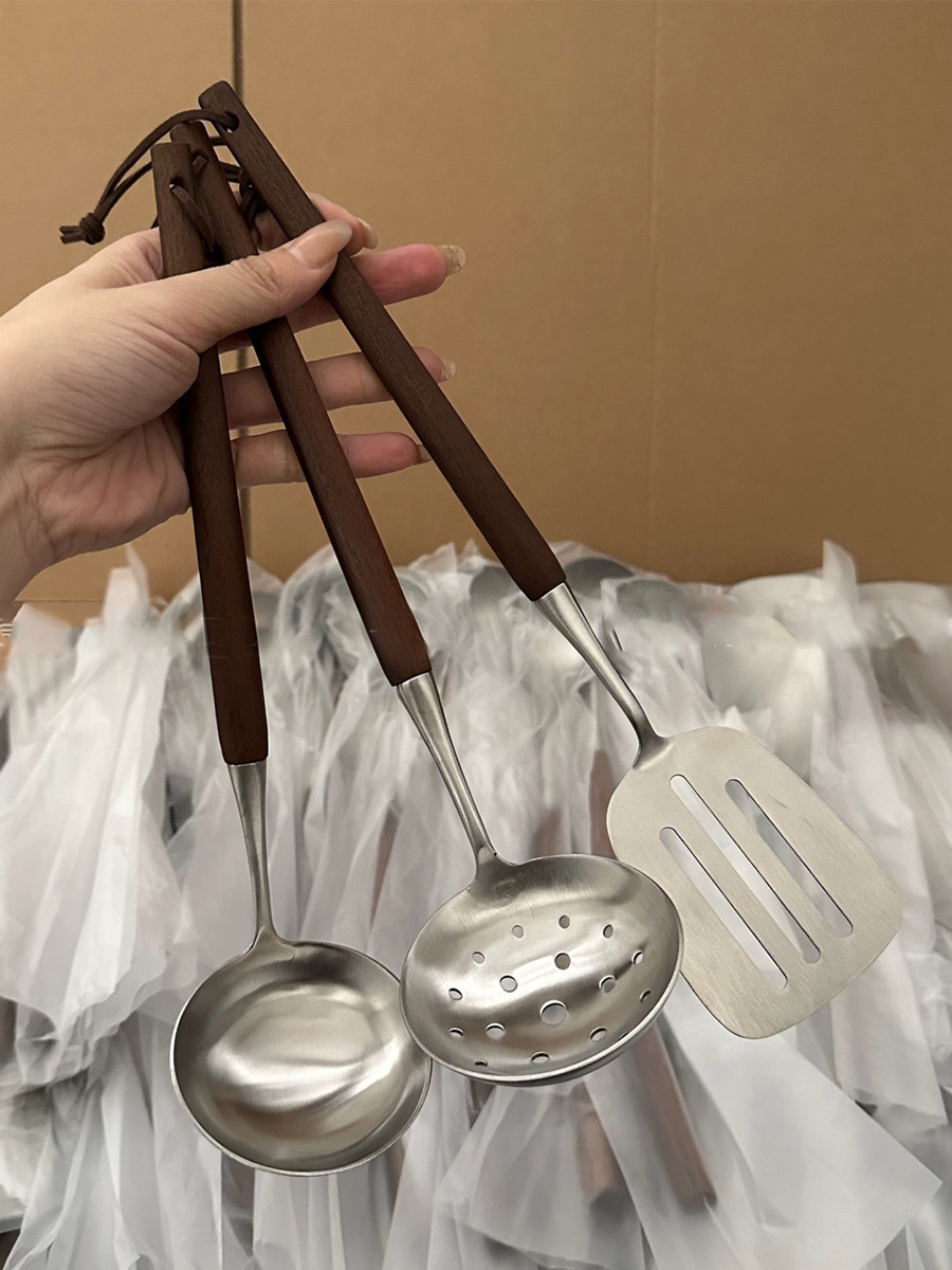 胡桃木手柄锅铲套装304不锈钢锅铲煎铲汤勺漏勺家用木柄厨具套铲