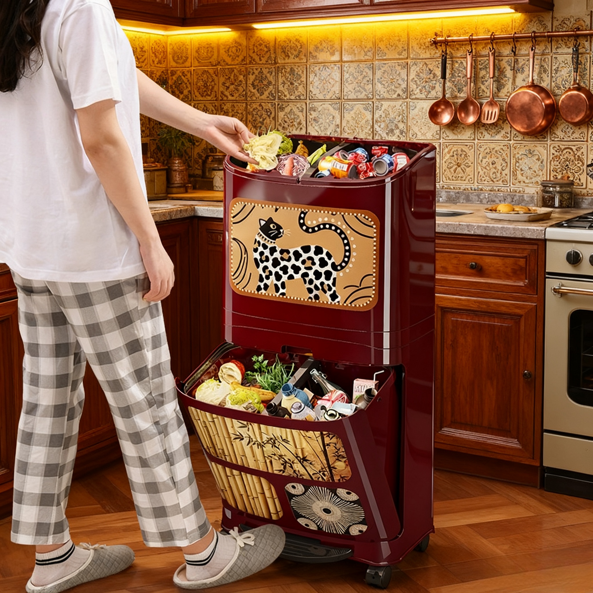 中古风厨房双层收纳垃圾桶