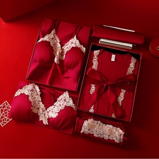 2025新款红色睡衣女真丝五件套性感春夏季吊带睡裙新娘晨袍送闺蜜